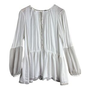 Free People Blouse Womens Medium White Boho Peplum Sheer Swiss Dot‎ Lace Trim